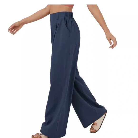 Halara NWT Women's M Dark Navy High Waisted Pockets Plicated Wide Leg Work Pants - Picture 6 of 9